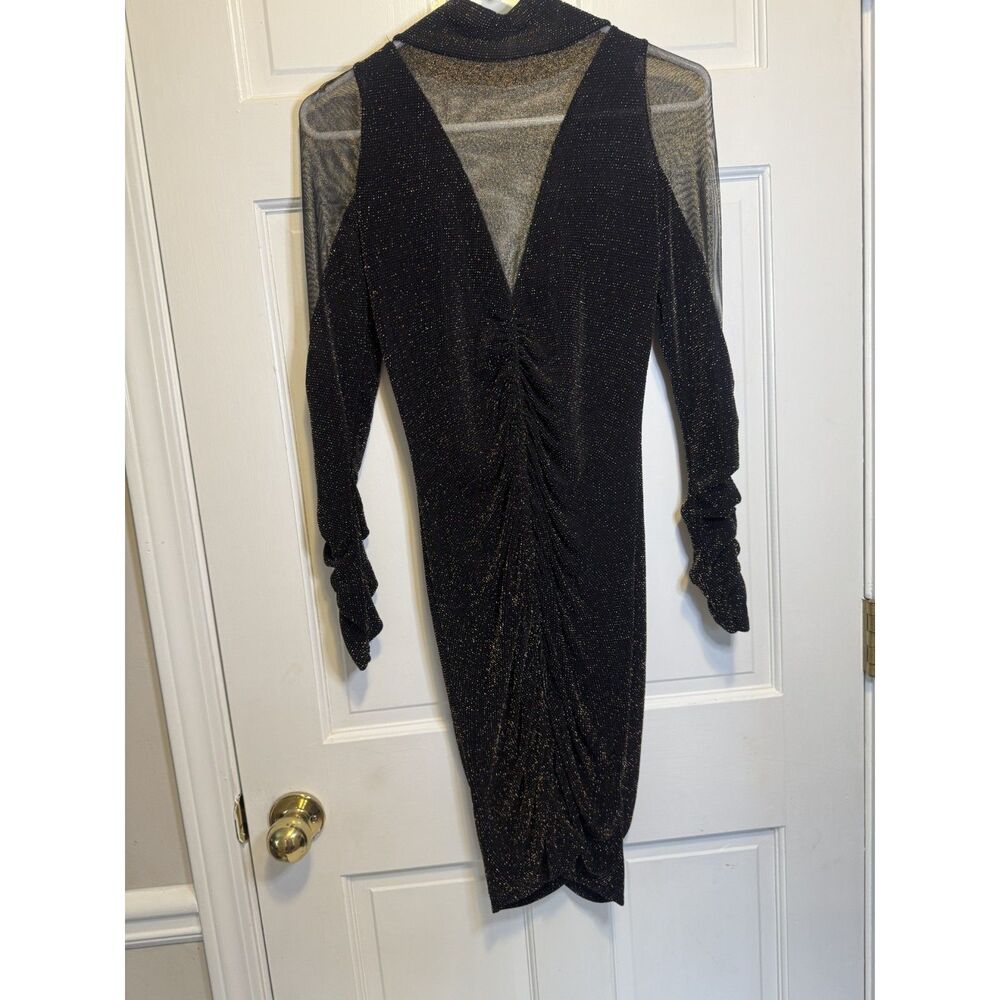 Venus XS Black Shimmer Ruched Bodycon Dress Sheer Mesh